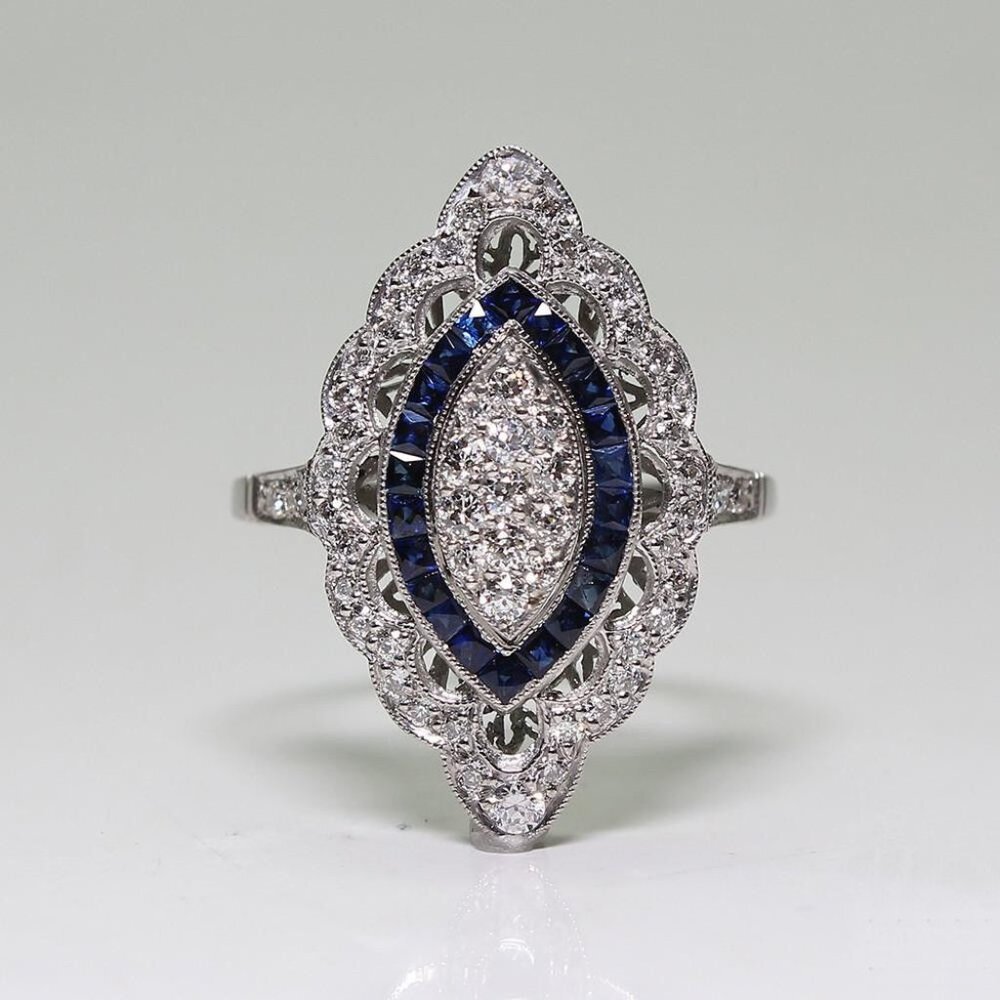 Antique Edwardian 925 Silver Cubic Zirconia Sapphire Ring